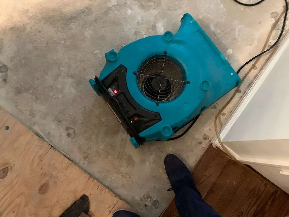 Air mover drying subfloor during Leak Detection & Repair in McMinnville